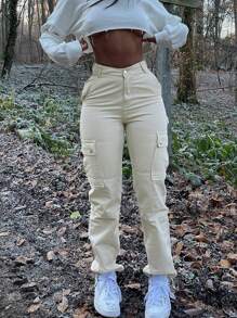 NVFelix New Retro Y2K Cargo Pants For Women - Stretch Flap Pocket Design, Streetwear Style (Fall Clothes) - 杏色 - 查看 3