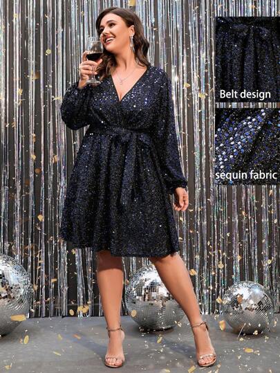 SHEIN Clasi Plus Lantern Sleeve Belted Sequin Dress Fall Cloth For Women