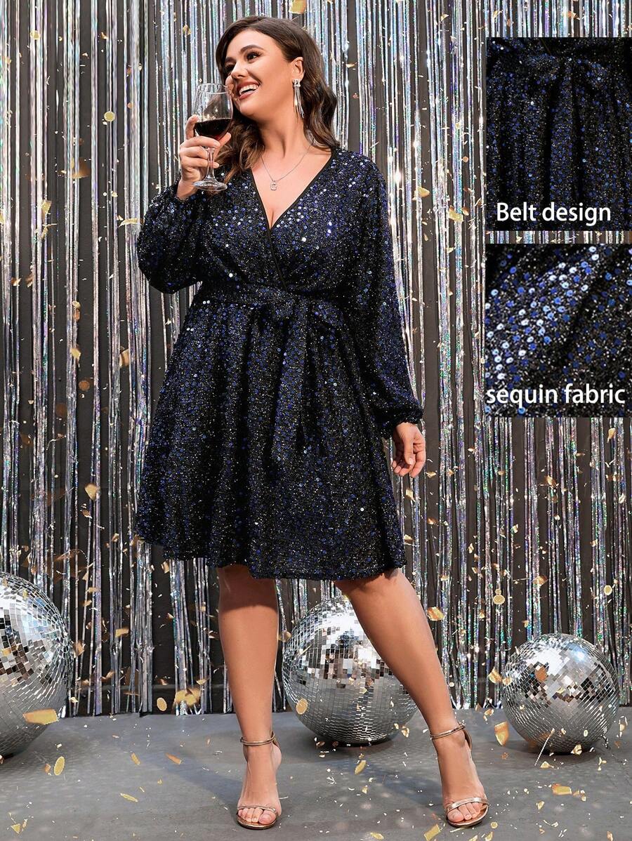 SHEIN Clasi Plus Lantern Sleeve Belted Sequin Dress Fall Cloth For Women - Black - View 1