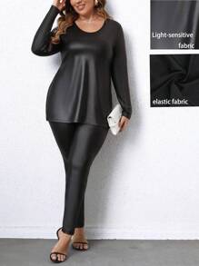 Celure Plus PU Leather Tee & Leggings - Black - View 1