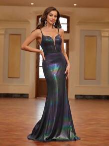 SHEIN Belle 女士蕾絲拼接&魚尾搖曳漸變晚裝洋裝,配細肩帶 - 紫色 - 查看 4