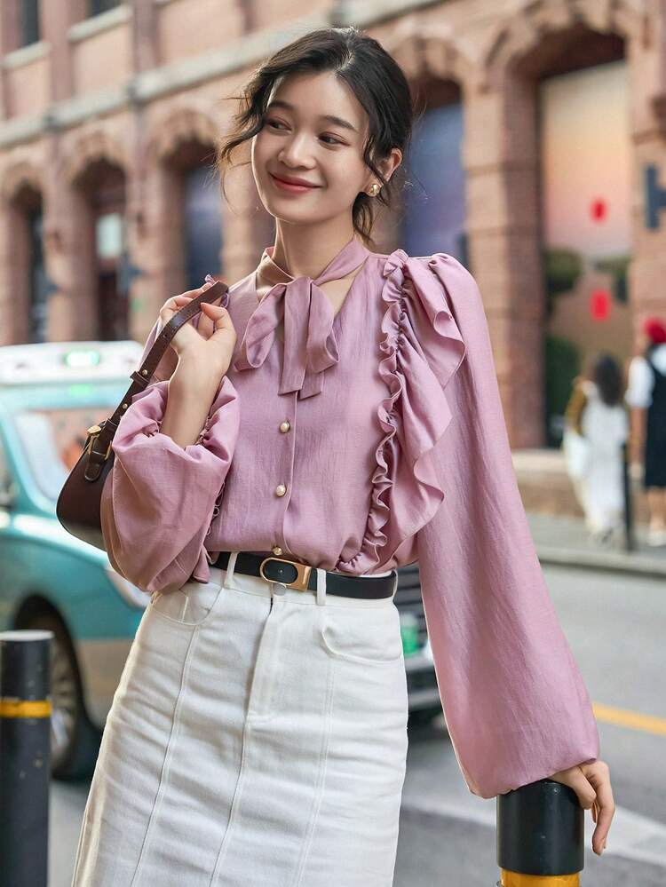 Tie Neck Ruffle Trim Lantern Sleeve Blouse Long Sleeve Top