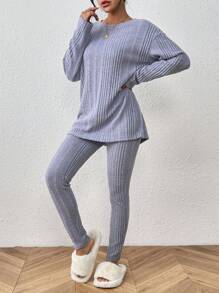 SHEIN Frenchy 女款下垂肩針織上衣和褲子套裝 - 霧霾藍 - 查看 6