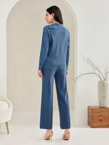 Modelyn Women's Asymmetric Neckline Sweater 2pcs/set - Dusty Blue - View 2