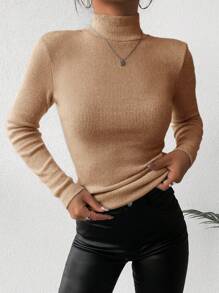 EURMUSE Women's Solid Color High Neck Sweater - Camel - View 5