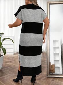 Flirla Plus Colorblock Batwing Sleeve Split Hem Sweater Dress Without Belt - Multicolor - View 2