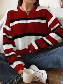 Flirla Ngắn Sọc Áo len Áo chui đầu - Đỏ - Xem 4