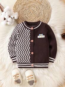 Infant Boys' Zigzag Pattern Teddy Bear Patch Cardigan With Front Snap Closure - Brown - View 1