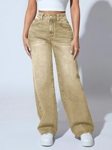 SHEIN PETITE Jeans de pierna recta de talle alto - Caqui - Ver 5