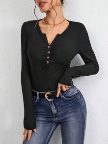 SHEIN Essnce Camiseta De Mujer Con Cuello Muesca Y Fruncido Con Abertura - Negro - Ver 5