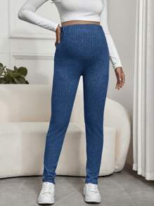 SHEIN 孕婦可調式腰帶羅紋緊身褲 - 藍色 - 查看 3