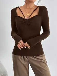 SHEIN Privé 女士情人節t恤,胸部柔軟收納設計 - 棕色 - 查看 4