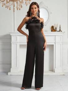 SHEIN Belle 3D網紗貼花邊繞頸派對連身褲 - 黑色 - 查看 1