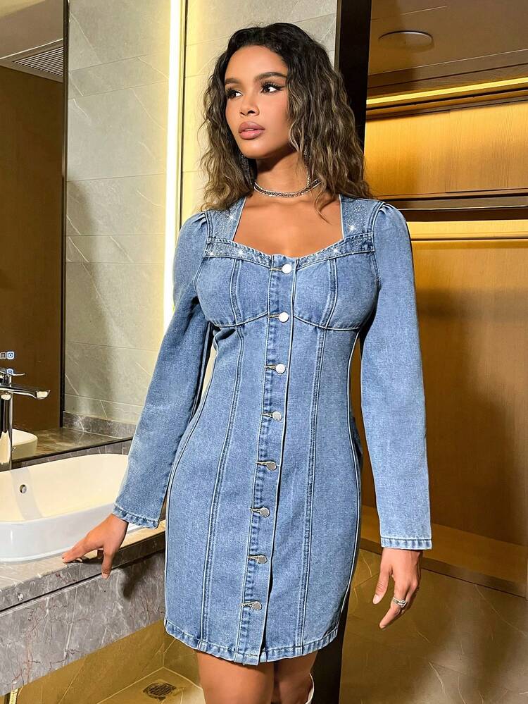 Solid Color Denim Dress With Button Closure