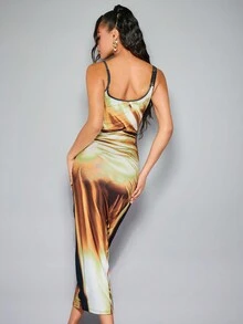 SHEIN BAE 女款流體抽像印花圖案吊帶修身長連身裙 - 綠色 - 查看 2