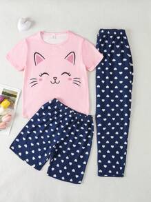 SHEIN Girls' Cute Cat Expression Patterned Homewear Set With All-over Hearts Print, Multiple Pieces - Multicolor - View 1
