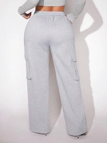 SHEIN SXY Quần bó sát eo dây rút có túi nắp ở hai bên - Xám - Xem 2