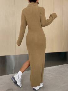 SHEIN EZwear Women'S Turtleneck Ribbed Sweater Dress With Ribbed Texture And Slit Hem - Camel - View 2