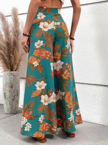 SHEIN VCAY 印花闊腿褲 - 綠色 - 查看 5