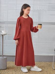 SHEIN Tween Girl Rib-Knit Round Neck Pullover Lantern Sleeve Solid Long Dress - Rust Brown - View 4