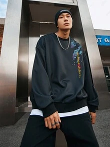 男式宽松卡通印花圆领运动衫 - 黑色 - 查看 2