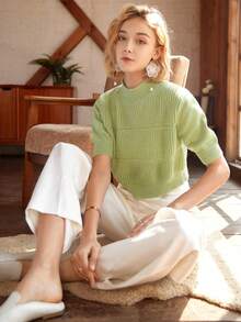 Knit Mix Turtleneck Fitted French Elegant Knit Top, Short Sleeve Pullover, Casual Style, Fashionable Cropped Sweater, Suitable For Back To School Season And Autumn - Lime Green - View 3