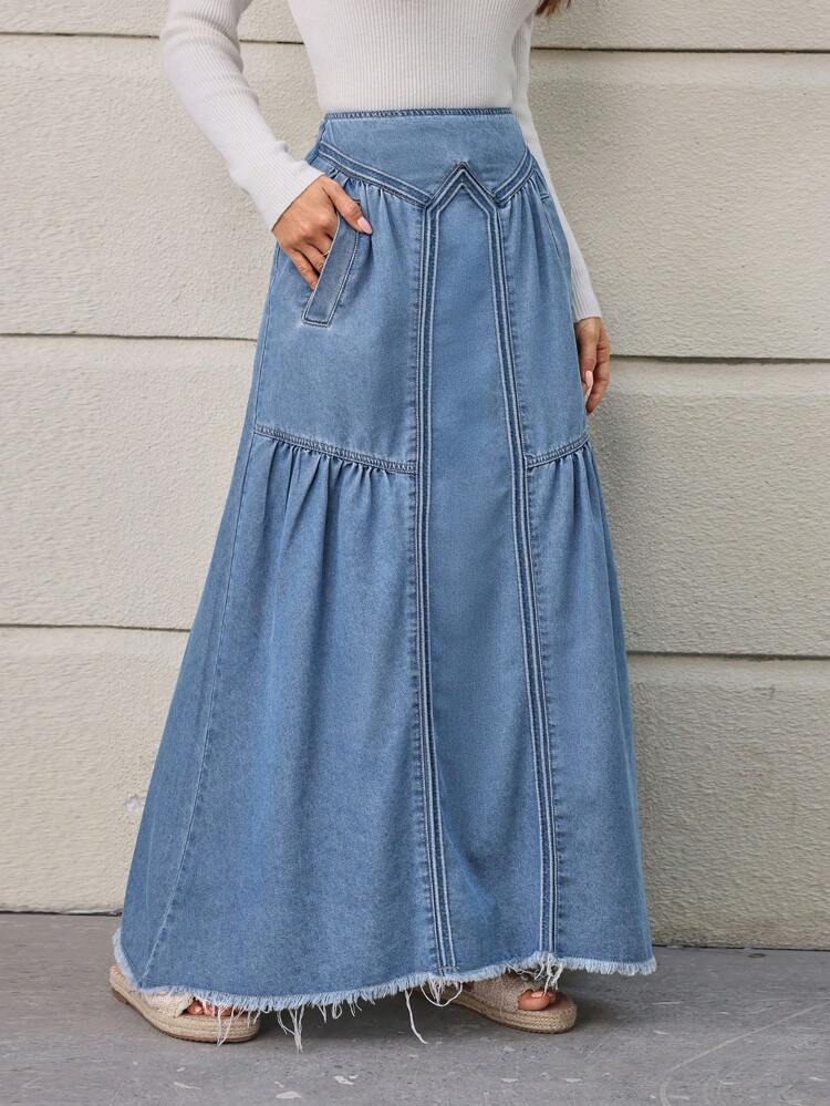 Denim Skirt With Diagonal Pocket And Fringed Hem