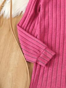 十幾歲女生拼接肋骨針織連帽兩件套裝 - 玫紅色 - 查看 4