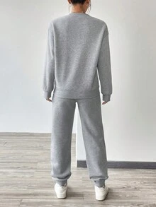 SHEIN EZwear Women's Portrait Printed Sweatshirt And Sweatpants Set - Grey - View 2