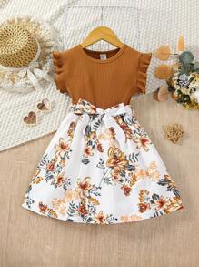 SHEIN Hàng mới đến Bé gái Dệt kim Áo In hoa Ánh sáng Và Thoáng khí Đầm Chất liệu Với thắt lưng , Mùa hè - Nhiều màu - Xem 1