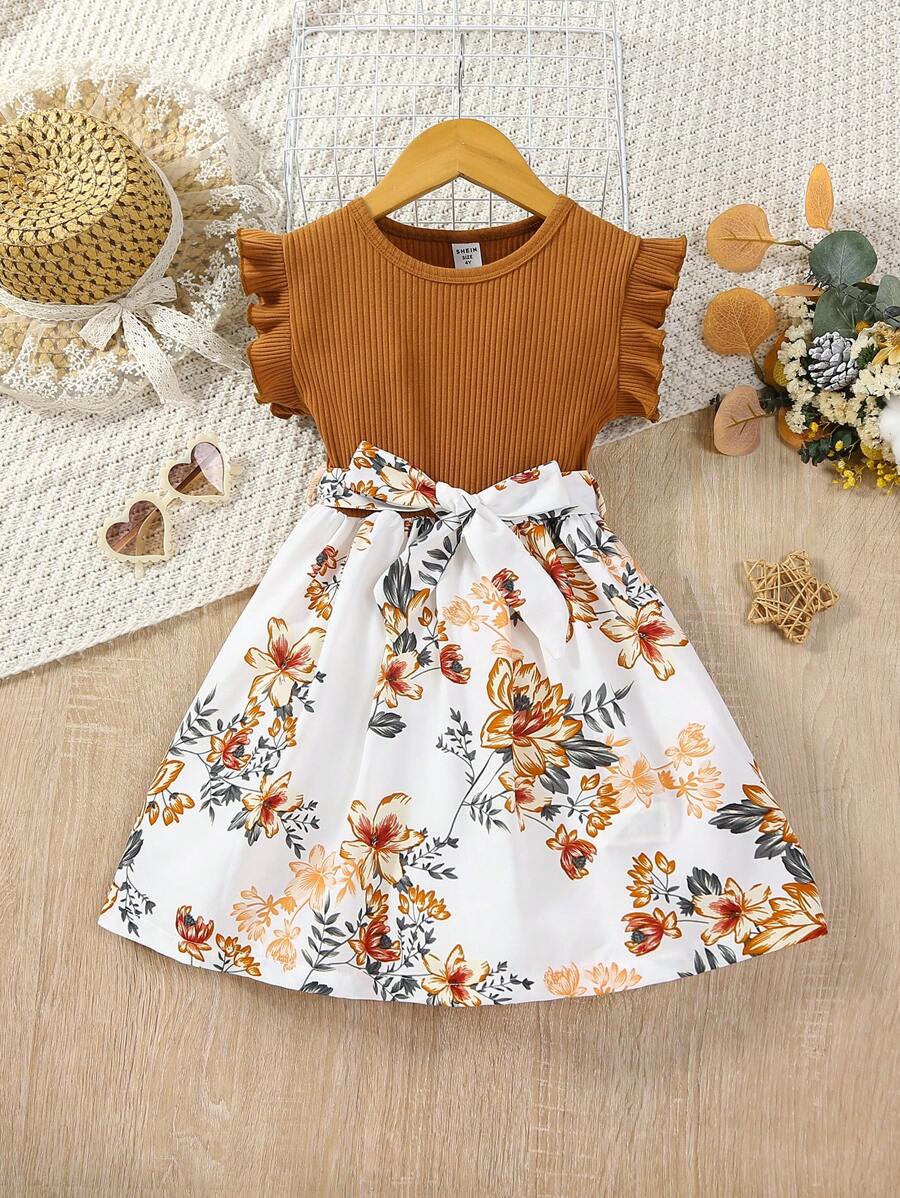 SHEIN Hàng mới đến Bé gái Dệt kim Áo In hoa Ánh sáng Và Thoáng khí Đầm Chất liệu Với thắt lưng , Mùa hè - Nhiều màu - Xem 1