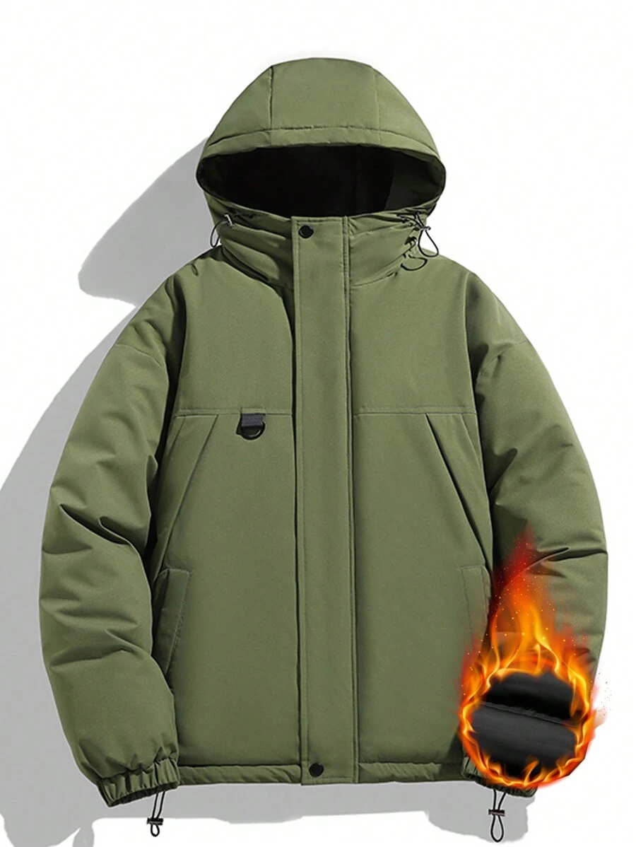 Men Patched Drawstring Hem Hooded Padded Coat - Army Green - View 1
