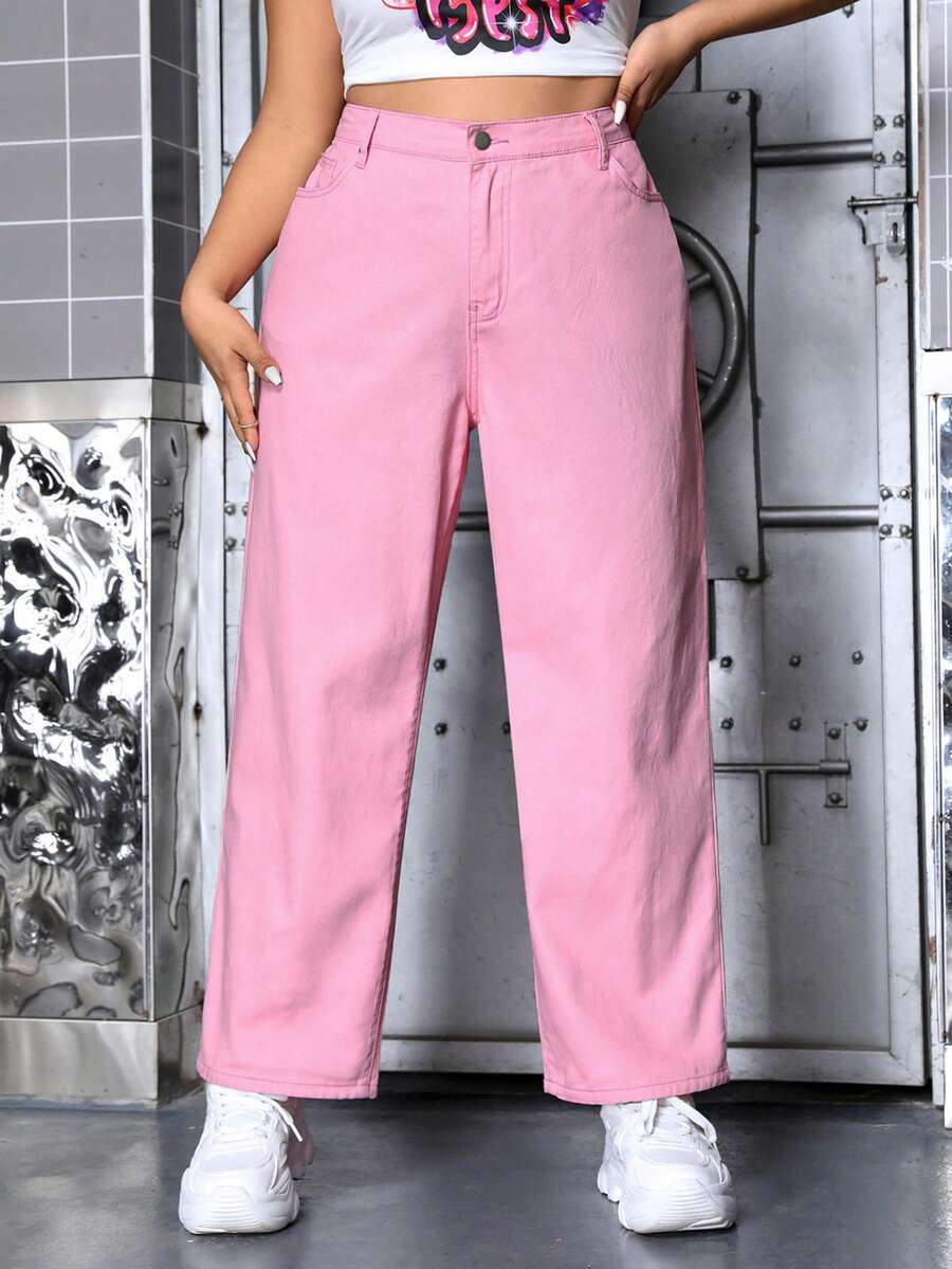 SHEIN EZwear Plus Size Solid Color Denim Pants - Baby Pink - View 1