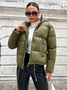 EURMUSE Drawstring Hem Hooded PU Puffer Coat - Khaki - View 4