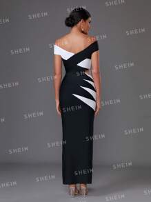 Love Aing Off Shoulder Black & White Spliced High Split Dress - Black and White - View 2