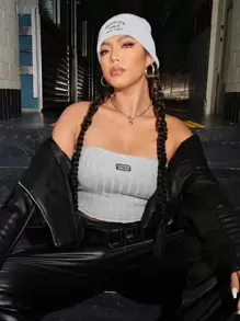 SHEIN EZwear Kích thước lớn Của phụ nữ Dệt kim Áo ba lỗ Với Chữ cái In Mẫu Và Trâm cài - Màu Xám nhạt - Xem 6
