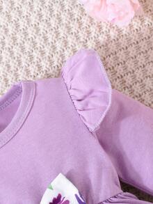 Baby Girls' Spring & Autumn Long Sleeve Ruffle Detail Top With Bow And Flower Printed Pants - Purple - View 8