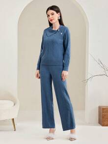 Modelyn Women's Asymmetric Neckline Sweater 2pcs/set - Dusty Blue - View 4