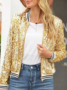 Sọc trang trí Kim sa Áo khoác bomber - Vàng - Xem 4