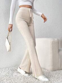 SHEIN Tall Tie-waist Ribbed-knit Flared Trousers - Apricot - View 3