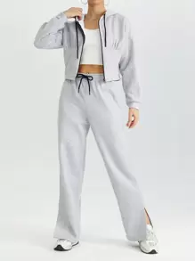 EURMUSE Ladies' Drawstring Waist Pleated Detail Hoodie And Pants Set - Grey - View 3