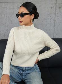 GENKIRA 立领纯色绞花针织女式长袖套头毛衣，秋冬款 - 米色 - 查看 5