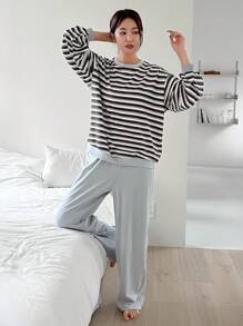 DAZY 女性條紋家居服套裝 - 灰色 - 查看 6