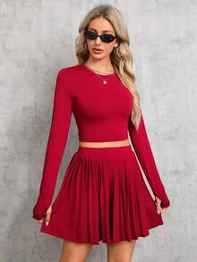 SHEIN Tall Solid Crop Tee & Pleated Skirt - Red - View 5
