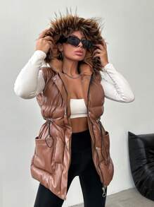 EURMUSE Women'S Hooded Vest Coat With Drawstring Waist And Collar - Coffee Brown - View 3