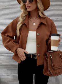 SHEIN LUNE Women's Notched Lapel Drop Shoulder Woolen Coat - Khaki - View 1