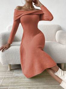 Chiquease Off Shoulder Foldover Sweater Dress Fall Cloth For Women - Burnt Orange - View 5
