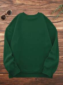 SHEIN LUNE Women's Christmas Gnome Printed Round Neck Fleece Sweatshirt - Dark Green - View 2