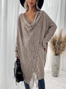 SHEIN LUNE Women'S Drape Neck Fringe Hem Cardigan - Multicolor - View 4