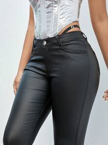 Women's Fashionable Sexy Tight-fitting Pu Leather Pants - Black - View 6